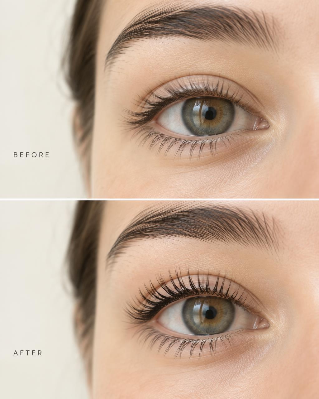 Before and after lash lift and tint on natural lashes